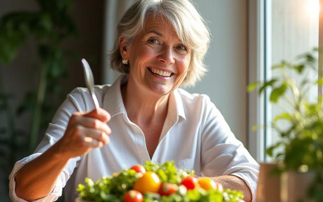 A woman mindfully eating a colorful salad, focusing on each bite.