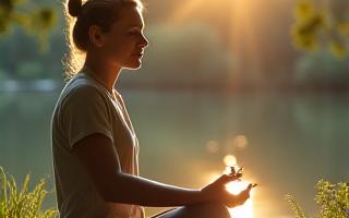 A person meditates in a serene natural setting, putting away a smartphone.