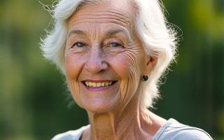 An older, vibrant person engaging in light exercise outdoors, smiling.