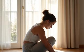 A person stretching gently against a sunlit window, showcasing flexibility.