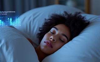 A person sleeping peacefully, with a subtle overlay of futuristic sleep tracking data.