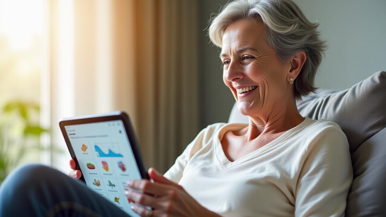 Woman in her 40s smiling while looking at a tablet displaying a clean, inviting wellness program interface, surrounded by soft lighting.