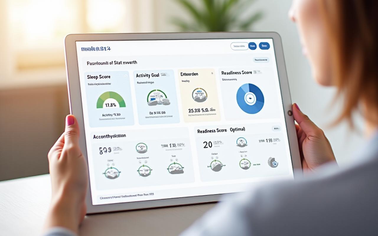 High-fidelity mockup of the Aura Bloom user dashboard displaying Sleep Score, Activity Goal, HRV, and Readiness Score with clean and inviting design.
