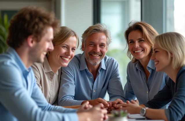 Diverse team of wellness experts smiling in a collaborative office setting, representing Aura Bloom's professional staff.
