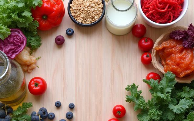 Healthy food ingredients and a gut microbiome illustration, symbolizing the connection between food and well-being