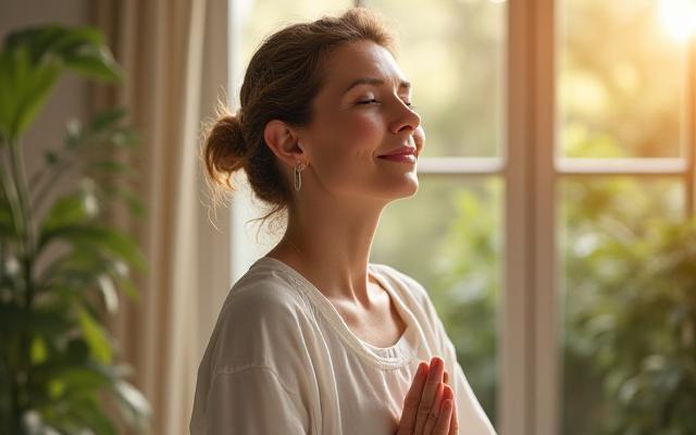 Woman practicing mindfulness meditation in a serene setting, emphasizing focus for adults over 40