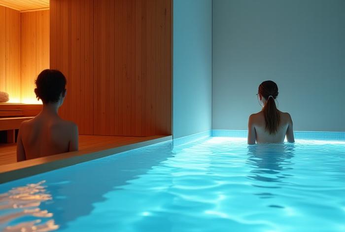 Split image: one side shows a person experiencing a warm sauna, the other shows someone in a cold plunge, emphasizing contrast therapy.