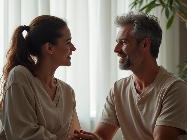 A certified Aura Bloom wellness coach warmly consulting with a client, both over 35 years old, in a bright, modern setting.